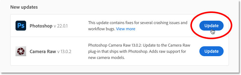 برای به روز رسانی فتوشاپ به آخرین نسخه، روی دکمه Update کلیک کنید:
