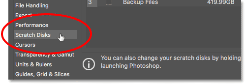 انتخاب دسته "Scratch Disks" در Photoshop CC.
